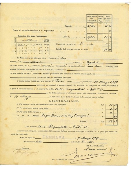 1907 - COMPAGNIA FRANCESE DEL PHENIX - INCENDIO - FERRARA