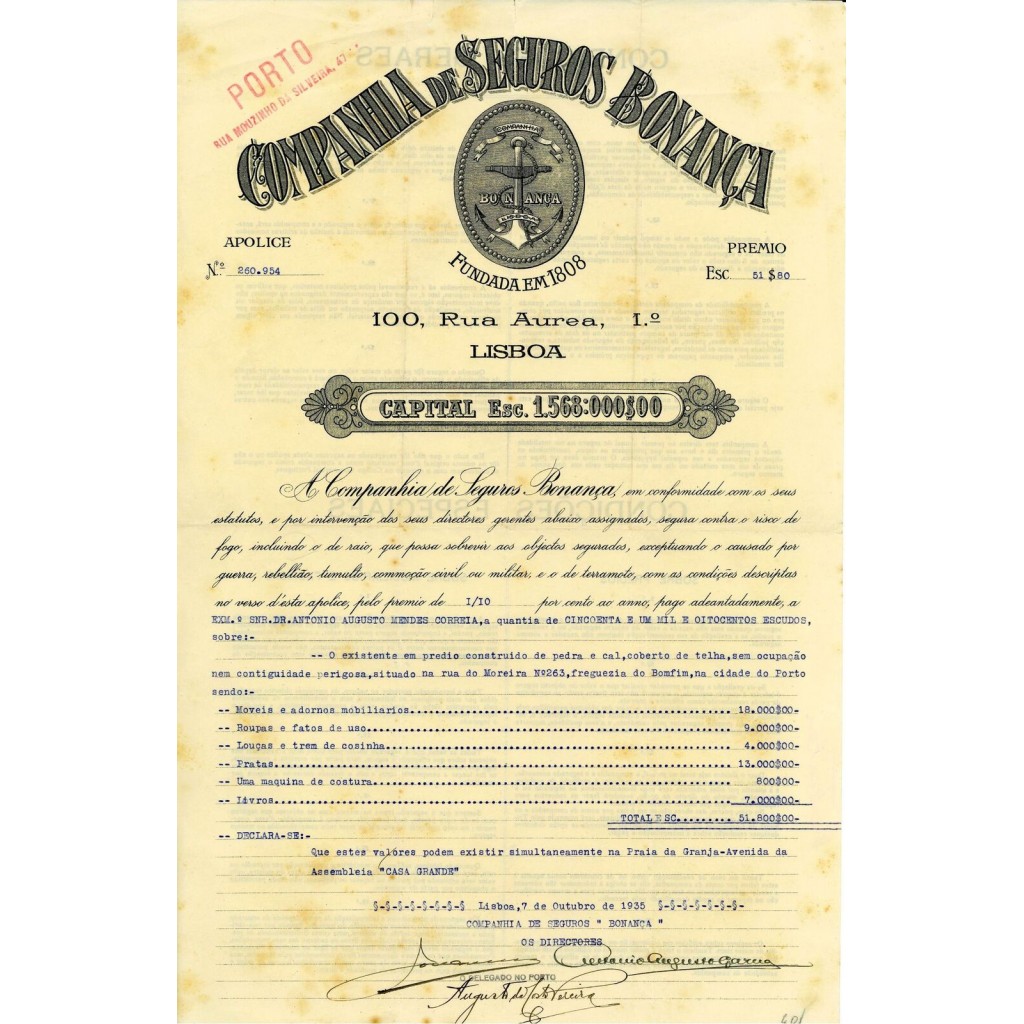 1935 - COMPANHIA DE SEGUROS BONANÇA - INCENDIO...