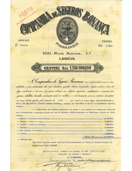 1935 - COMPANHIA DE SEGUROS BONANÇA - INCENDIO - LISBONA