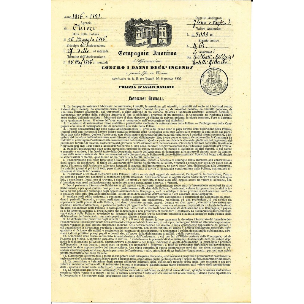 1856 - COMPAGNIA ANONIMA D'ASSICURAZIONE - INCENDIO - CHIERI