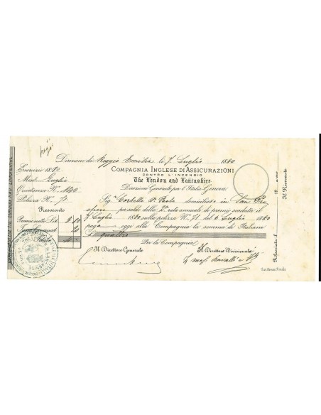 1880 - COMPAGNIA INGLESE DI ASSICURAZIONI - INCENDIO - REGGIO EMILIA