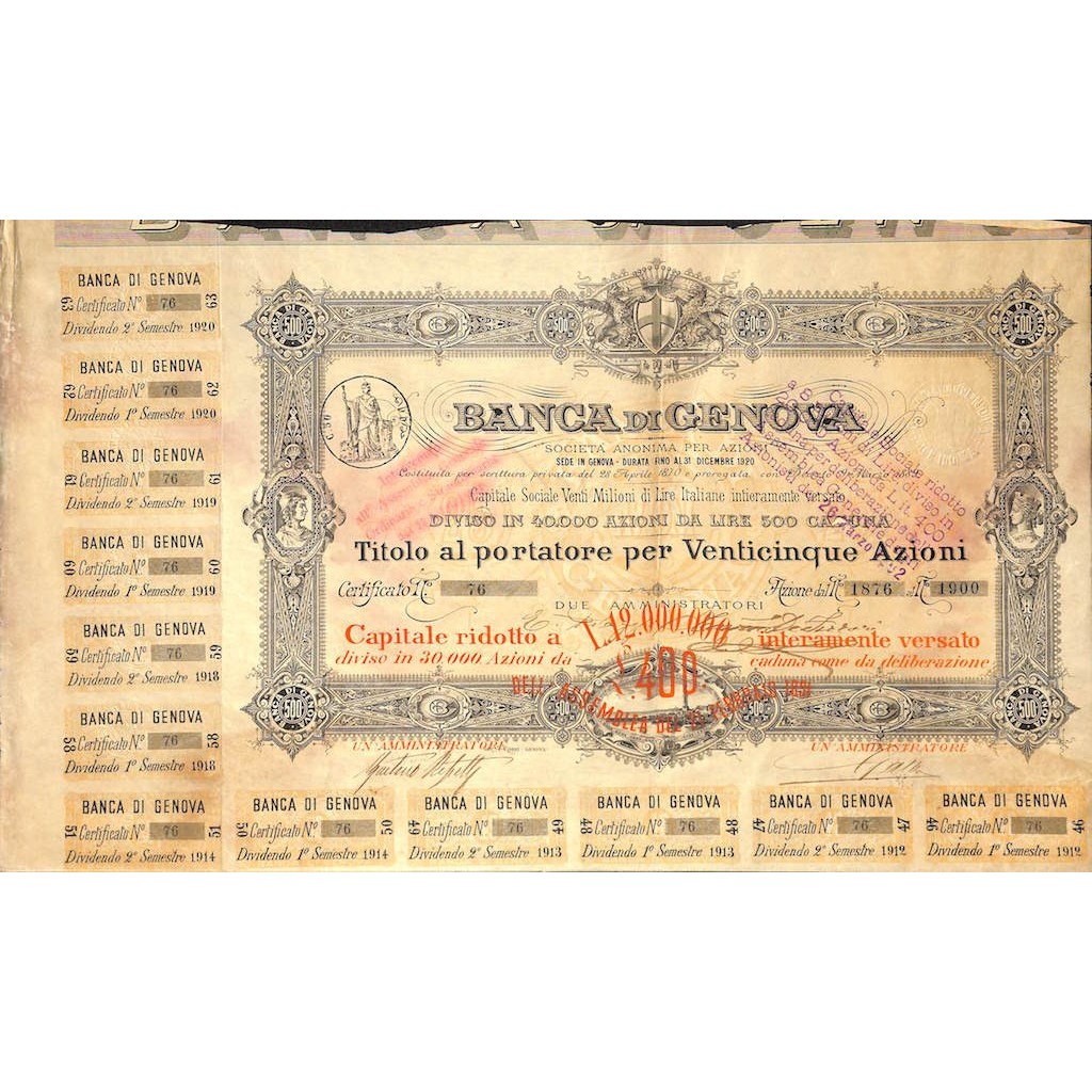 BANCA DI GENOVA - 25 AZIONI GENOVA 1889