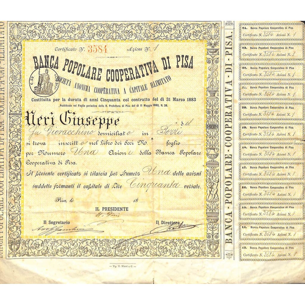 BANCA POPOLARE COOPERATIVA DI PISA - UNA AZIONE - 1883