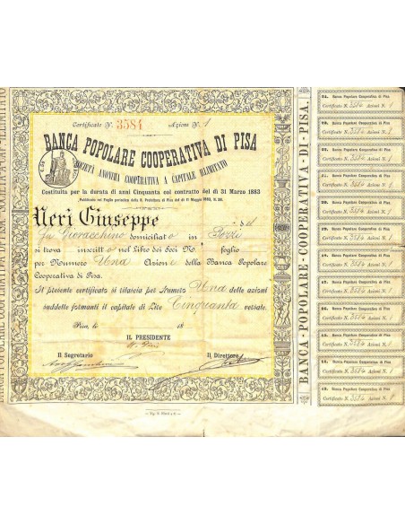 BANCA POPOLARE COOPERATIVA DI PISA - UNA AZIONE - 1883