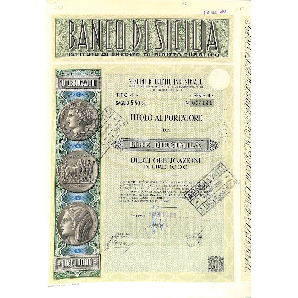 BANCO DI SICILIA - 10 OBBLIGAZIONI PALERMO 1969