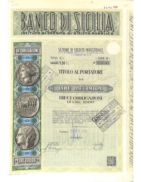 BANCO DI SICILIA - 10 OBBLIGAZIONI PALERMO 1969
