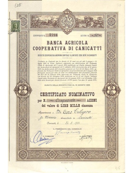 BANCA AGRICOLA COOP. DI CANICATTI' - 50 AZIONI - CANICATTI' 1950