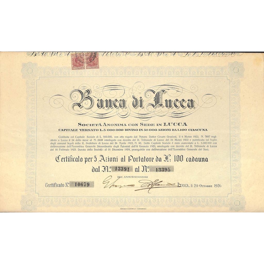 BANCA DI LUCCA - 5 AZIONI - LUCCA 1926