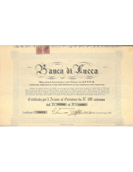 BANCA DI LUCCA - 5 AZIONI - LUCCA 1926