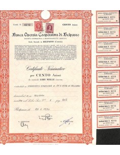 BANCA OPERAIA COOPERATIVA DI BELPASSO - 100 AZIONI 1970