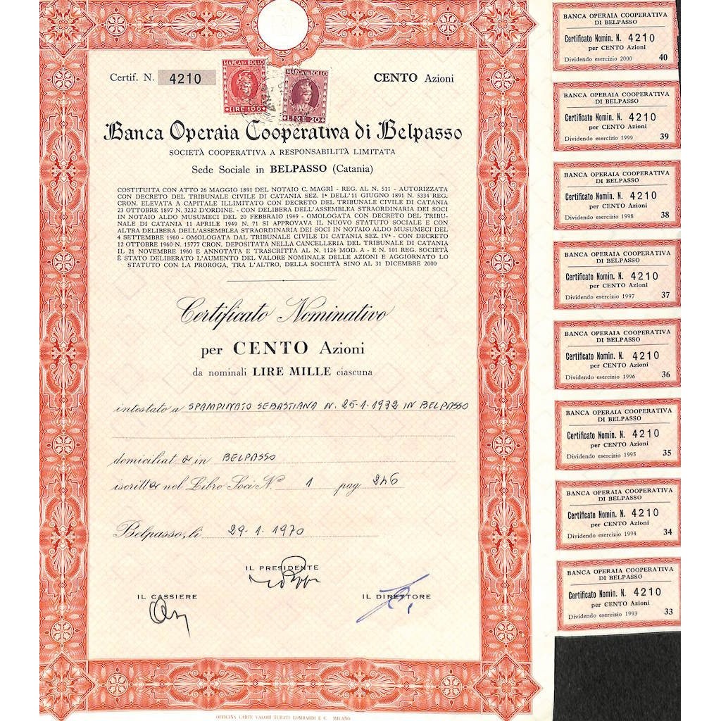 BANCA OPERAIA COOPERATIVA DI BELPASSO - 100 AZIONI 1970
