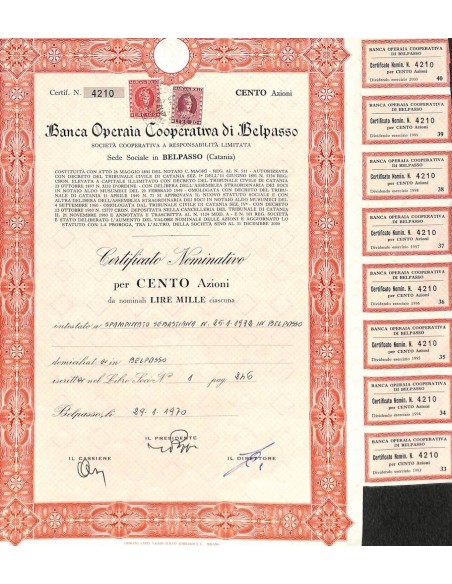 BANCA OPERAIA COOPERATIVA DI BELPASSO - 100 AZIONI 1970