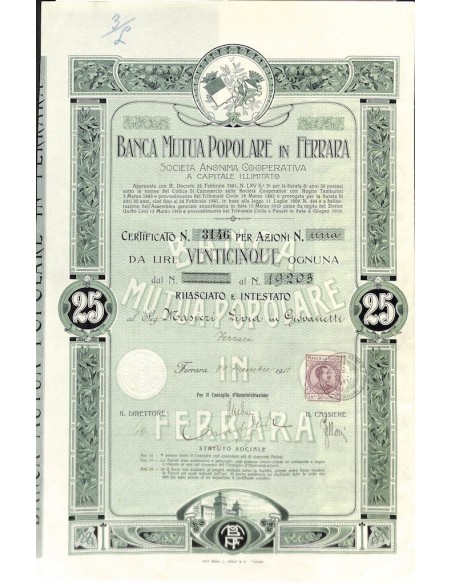 BANCA MUTUA POPOLARE IN FERRARA SOC. ANON. COOP. 25 AZIONI FERRARA 1911