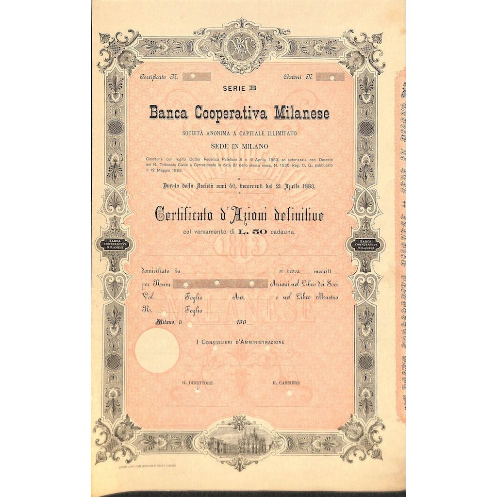 BANCA COOPERATIVA MILANESE - AZIONI - 1883 MILANO