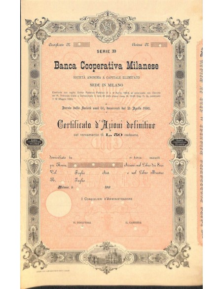 BANCA COOPERATIVA MILANESE - AZIONI - 1883 MILANO