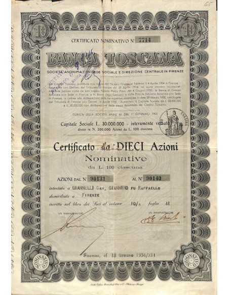 BANCA TOSCANA - 10 AZIONI FIRENZE 1934