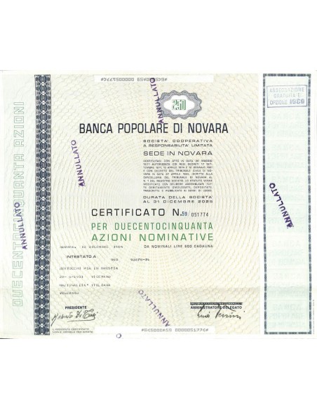 BANCA POPOLARE DI NOVARA - 250 AZIONI NOVARA 1984