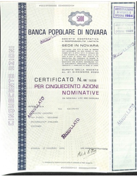 BANCA POPOLARE DI NOVARA - 500 AZIONI NOVARA 1981