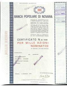 BANCA POPOLARE DI NOVARA - 1000 AZIONI NOVARA 1981
