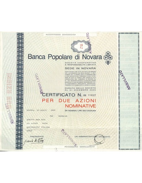 BANCA POPOLARE DI NOVARA - 2 AZIONI NOVARA 1989