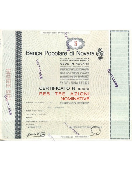 BANCA POPOLARE DI NOVARA - 3 AZIONI NOVARA 1989