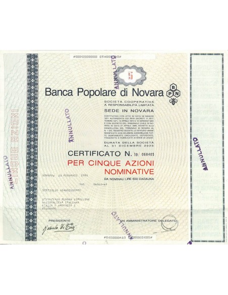 BANCA POPOLARE DI NOVARA - 5 AZIONI NOVARA 1990