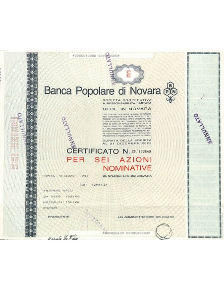 BANCA POPOLARE DI NOVARA - 6 AZIONI NOVARA 1989
