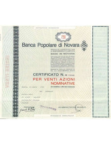 BANCA POPOLARE DI NOVARA - 20 AZIONI NOVARA 1989