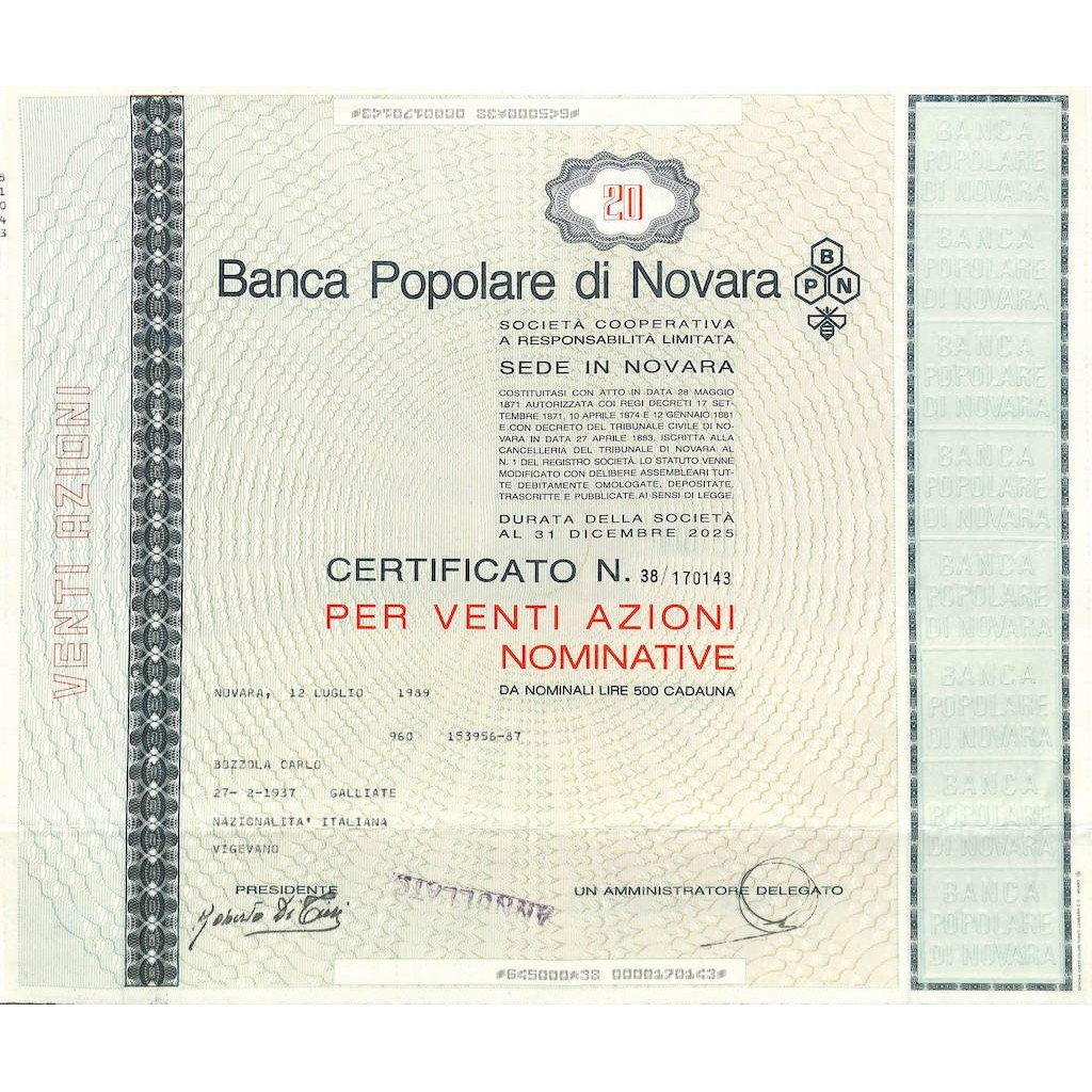 BANCA POPOLARE DI NOVARA 20 AZIONI NOVARA 1989
