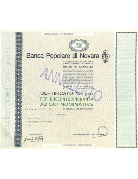 BANCA POPOLARE DI NOVARA - 250 AZIONI NOVARA 1989