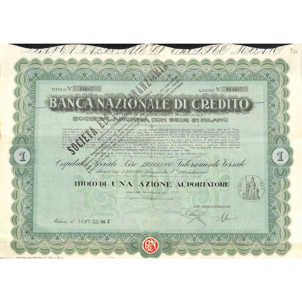 BANCA NAZIONALE DI CREDITO - UNA AZIONE MILANO 1932