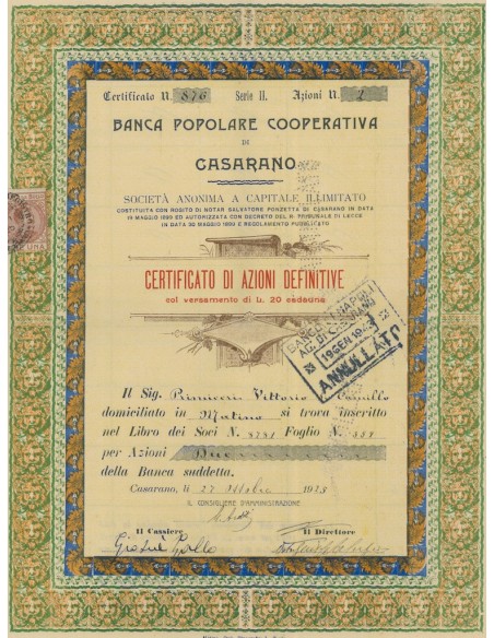 BANCA POPOLARE COOPERATIVA DI CASARANO SERIE II CASARANO 1925