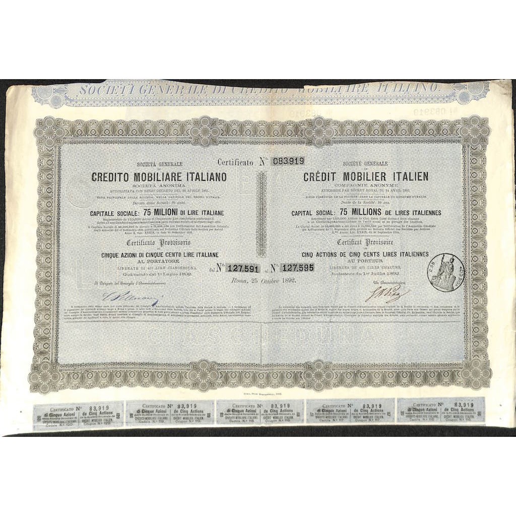 CREDITO MOBILIARE ITALIANO - 5 AZIONI ROMA 1892