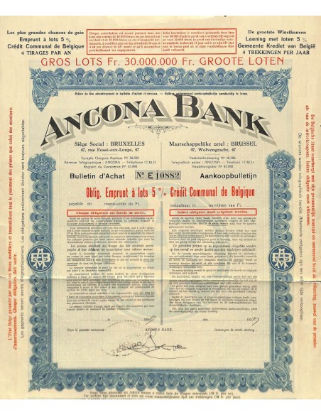 ANCONA BANK - 1 OBBLIGAZIONE BRUXELLES 1933