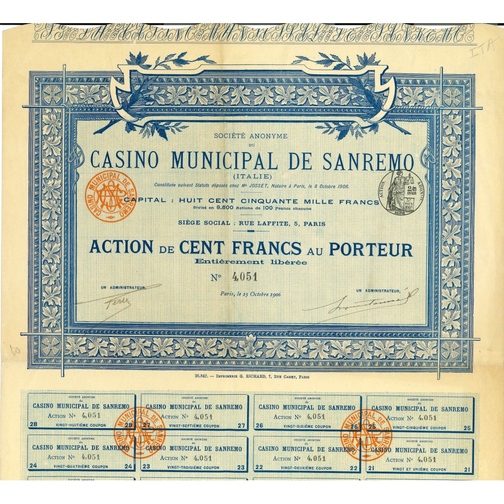 1906 - CASINO' MUNICIPALE DI SAN REMO - 100...