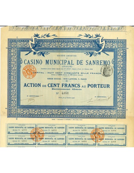 1906 - CASINO' MUNICIPALE DI SAN REMO - 100 FRANCHI PORTATORE - PARIGI
