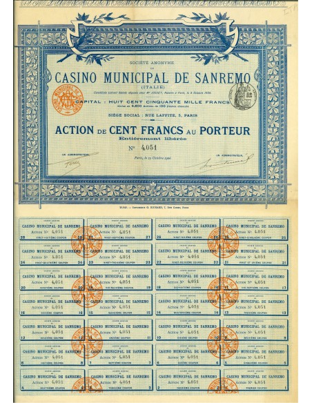 1906 - CASINO' MUNICIPALE DI SAN REMO - 100 FRANCHI PORTATORE - PARIGI
