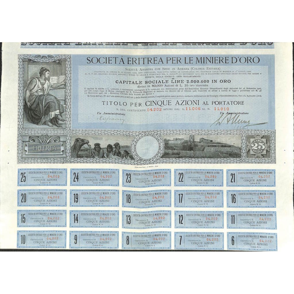 SOC. ERITREA PER LE MINIERE D`ORO - 5 AZIONI ASMARA 1900