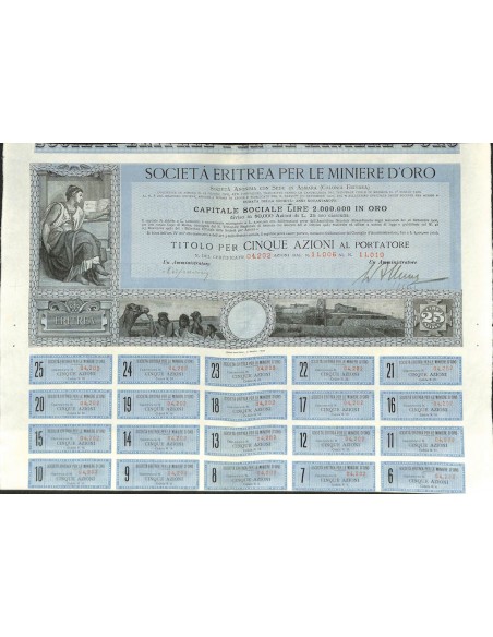SOC. ERITREA PER LE MINIERE D`ORO - 5 AZIONI ASMARA 1900