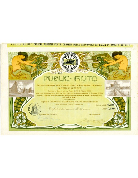 1908 - PUBLIC AUTO PER IL SERVIZIO DELLE AUTOMOBILI DA PIAZZA IN ROMA E ALTROVE - 10 AZIONI - ROMA