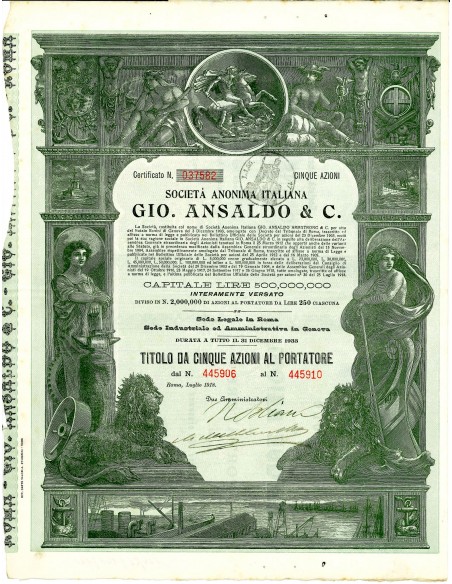 1918 - SOCIETA' ANON. ITALIANA GIO. ANSALDO & C. 5 AZIONI - ROMA