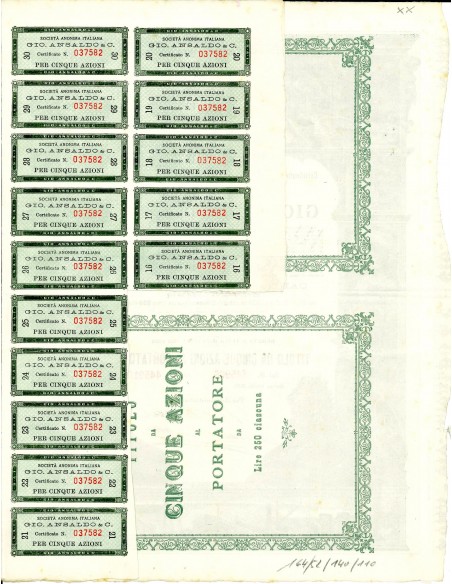 1918 - SOCIETA' ANON. ITALIANA GIO. ANSALDO & C. 5 AZIONI - ROMA