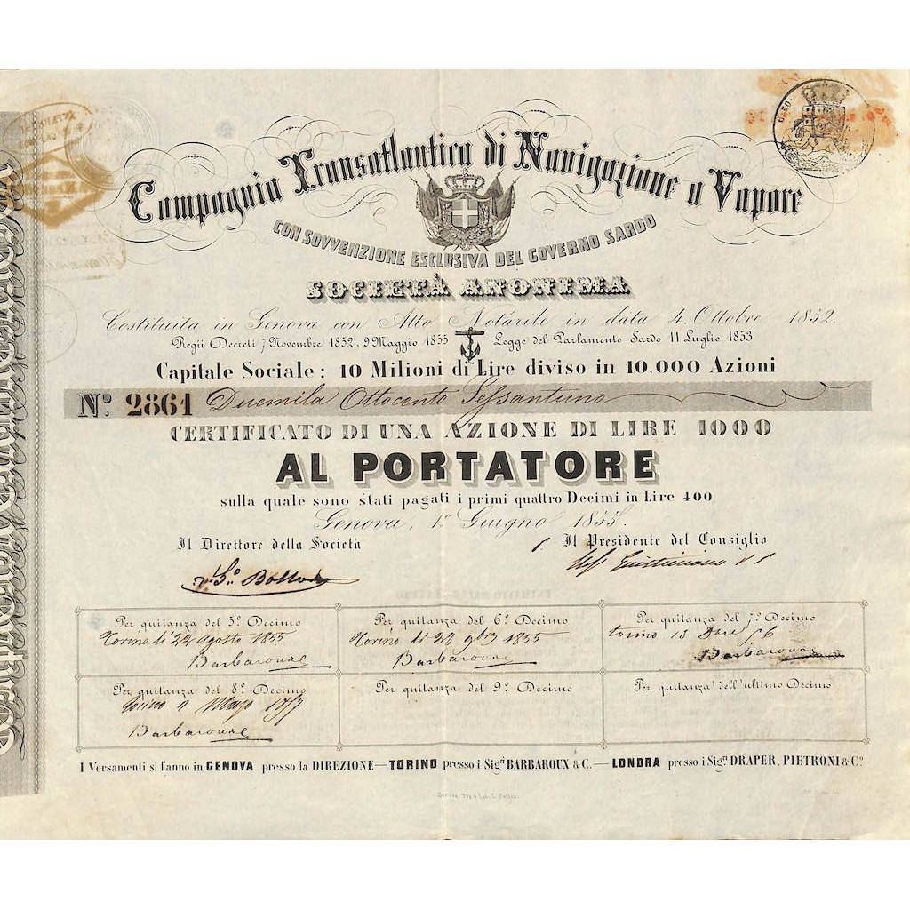 COMPAGNIA TRANSATLANTICA DI NAVIGA. IL VAPORE - 1 AZIONE GENOVA 1855