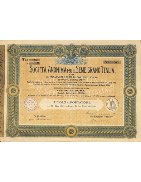 SOC. ANON. PER IL SEME GRANO ITALIA - 10 AZIONI ROMA 1903