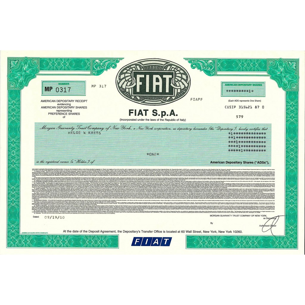2000 - FIAT S.p.A. 1 AZIONE NEW YORK