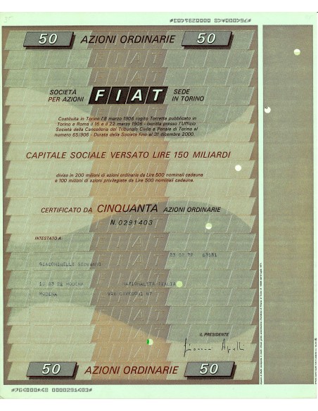 1972 - FIAT (FABBRICA ITALIANA AUTOMOBILI TORINO) 50 AZIONI ORDINARIE - TORINO