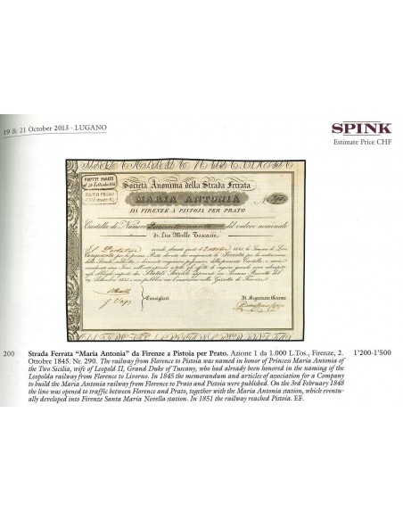 1845 - STRADA FERRATA "MARIA ANTONIA" da Firenze a Pistoia per Prato 290 AZIONI - FIRENZE