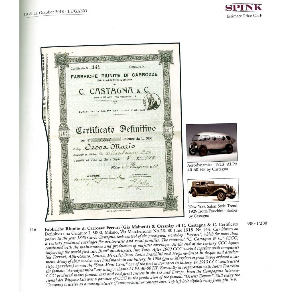 1911 - FABBRICHE RIUNITE DI CARROZZE FERRARI...