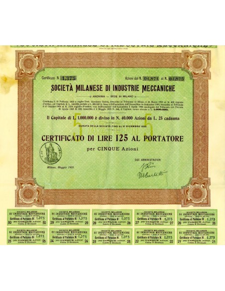 1905 - MILANESE DI INDUSTRIE MECCANICHE - 5 AZIONI - MILANO