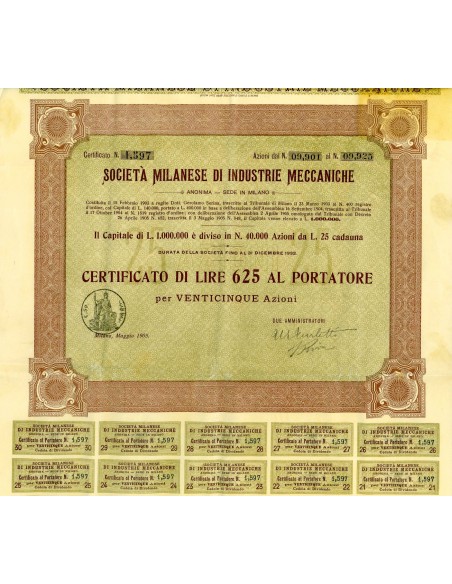 1905 - MILANESE DI INDUSTRIE MECCANICHE - 25 AZIONI - MILANO